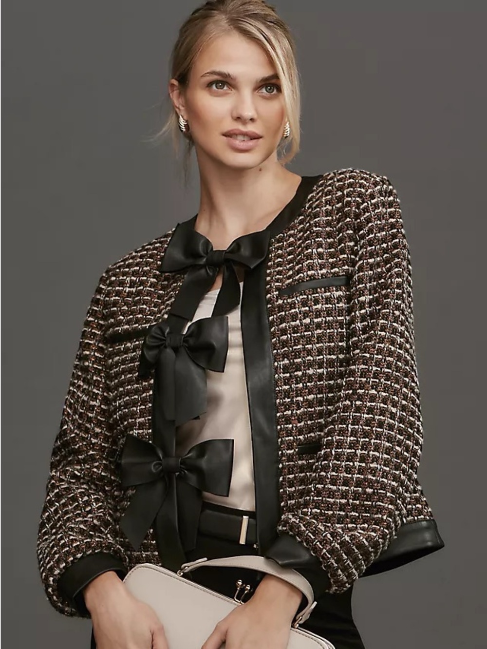 Anthropologie Faux Leather-Trimmed Tweed Lady Jacket Bow Detail Size Small